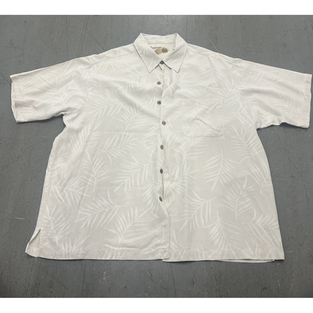Caribbean Joe Men's Boho 100% Silk‎ Beige Floral Beach Button-Down Shirt